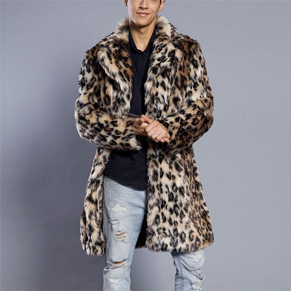 

men's leopard plus thickening long coat warm thick fur collar coat jacket faux fur parka cardigan male fashion gentleman style, Black