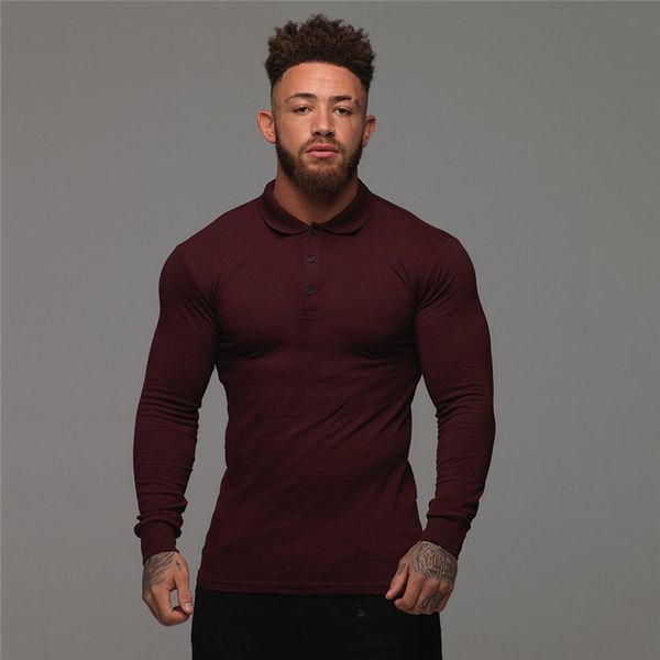 

brand mens shirt new 2020 spring male long sleeve fashion gym slim turn collar button fitness poloshirt men, White;black