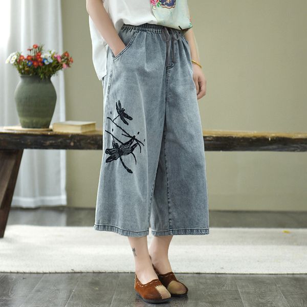 

women wide leg culottes bottom jeans denim pants big loose oversize dragonfly embroidery retro vintage fashion casual az21191628, Blue