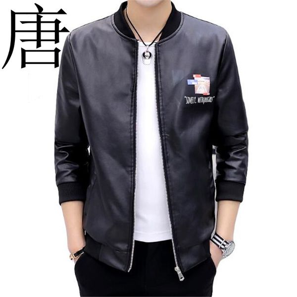 

tang cool 2019 new youth locomotive pu leather jacket fashionable leisure men's baseball collar large leather jacket, Black