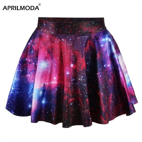 

summer 3d mini women skirt high waist night sky galaxy printed women's skirt flared stretch pleated short skater skirt for girl, Black