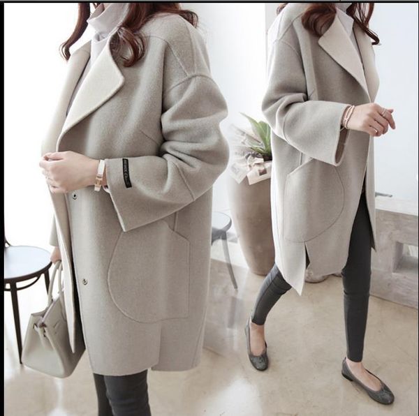 

office lady loose long woolen winter coats covered button wool coat and jacket turn-down collar solid ladies coats, Black
