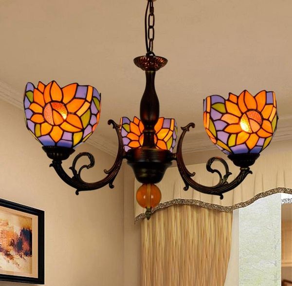 

European retro lamps creative chandelier Tiffany stained glass decorative lamp restaurant bedroom bar pastoral sun flower 3 head chandelier