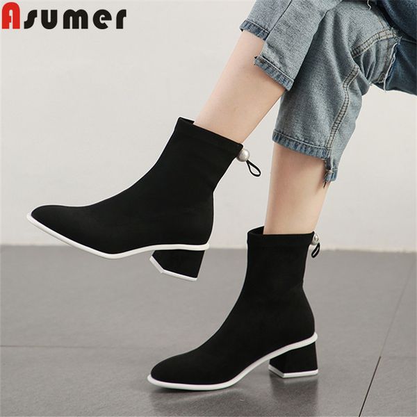 

asumer fashion square heels autumn winter boots square toe ladies stretch ankle boots simple autumn winter women 2020 new, Black