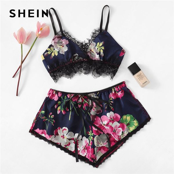 

shein women lace trim floral satin ribbon lingerie set sleeveless v neck cami pajamas for women bras and shorts pajama set, Blue;gray