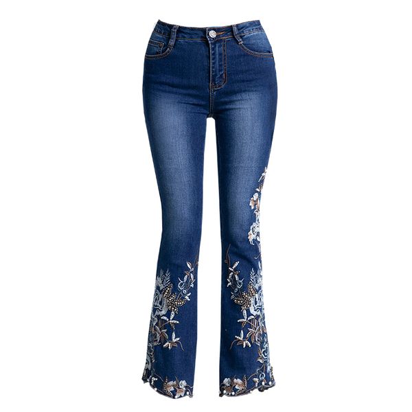 

new original plus size flare pants femme 2019 elastic skinny high waist jeans handmade beading embroidery jeans 5xl, Blue