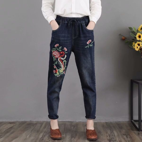

plus size new women long broek casual flowers brush work denim broek, Blue
