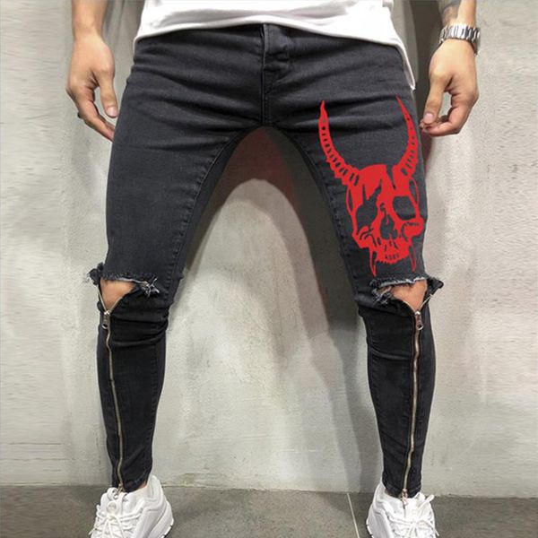 

mens cool designer brand pencil jeans skinny ripped destroyed stretch slim fit hop hop pants with holes for men printed jeans, Blue