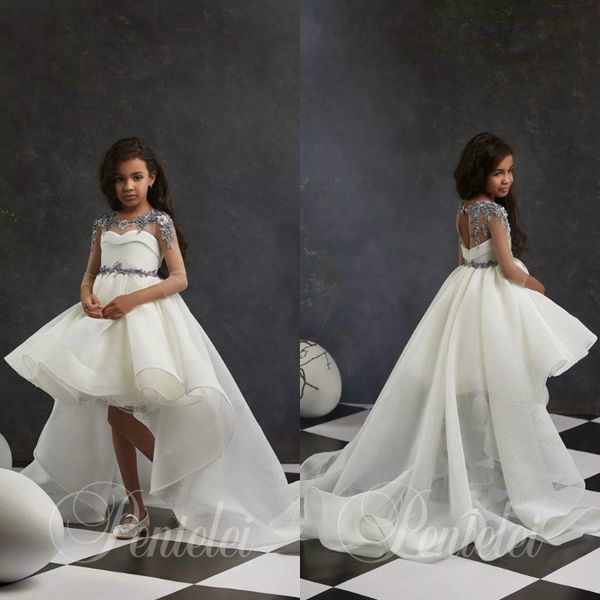 

lovely a line flower girl dresses jewel long sleeve hollow lace applique pearls pageant dress high low girl' birthday party, White;blue