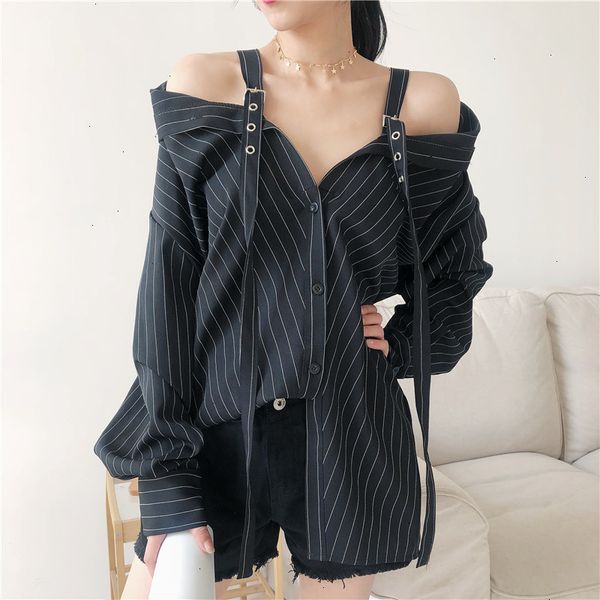 

new 2019 fashion personality black strap vertical stripe off shoulder long sleeve shirt females blouse vestido ye22801, White