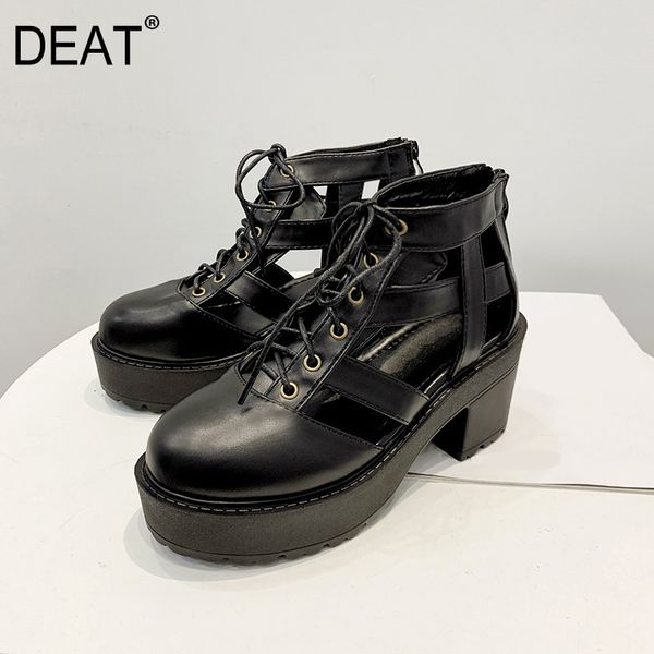 

deat] 2020 new spring summer round toe bandage hollow out black western style chunky bottom sandals for women shoes tide 10h200
