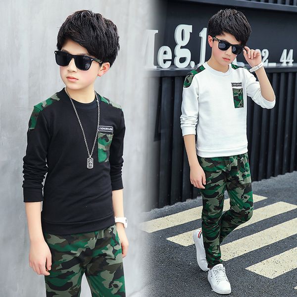 

boy tracksuit clothes set kids spring&autumn cotton school uniform sport camouflage suit boys clothing sets, White