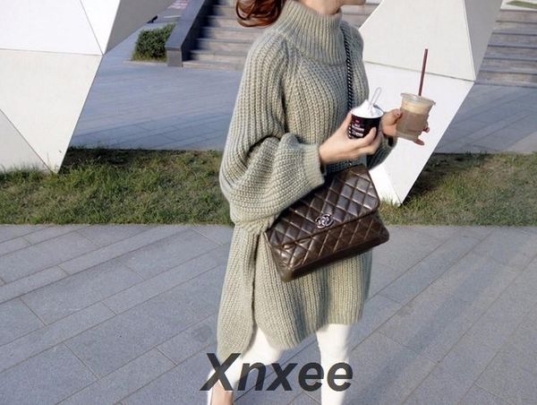 

autumn winter thick long sweater women lantern sleeve side slit half turtleneck sweaters pullovers oversized hiver femme xnxee, White;black