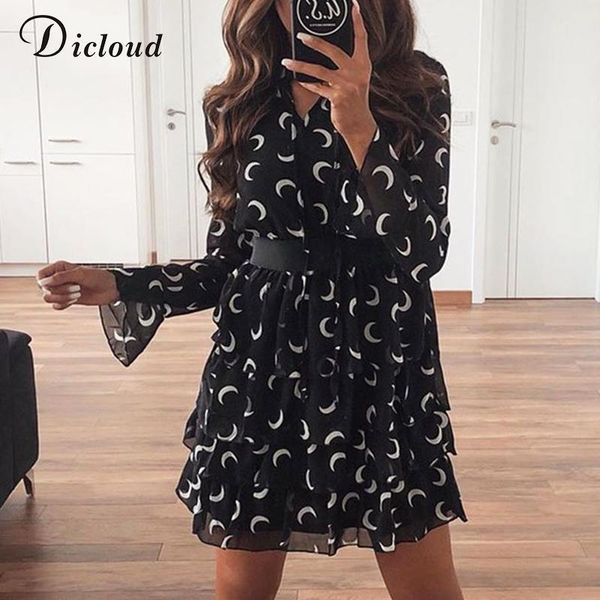 

dicloud moon print high neck dress белый черный каскадный рюшами шифон мини вечернее платье линия с длинным рукавом одежда 2020 женский y200, White;black