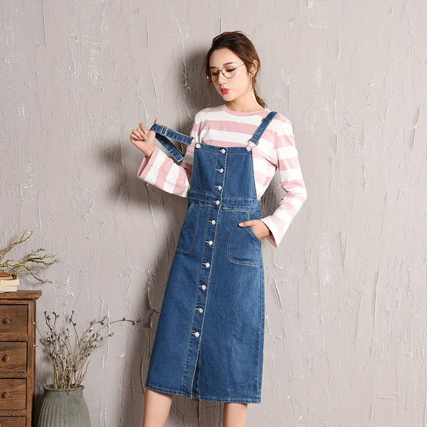 

new fashion women's bib overalls denim skirts slim midi jeans skirts woman cotton blue front button suspender denim skirt, Black