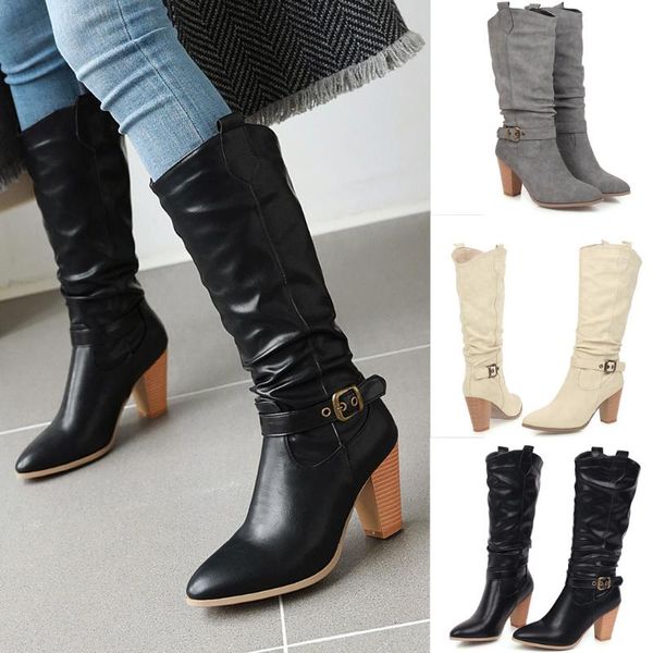 

lady wellie cowboy low-heeled slip-on boots plus size 43 british style leather cross strap knee-high buckle women shoes, Black