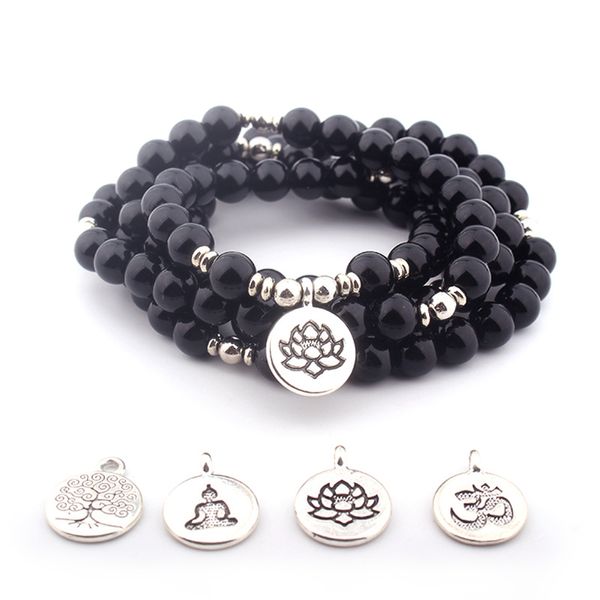 

108bead black bracelet lotus buddha pendant bracelet fashion buddhism yoga jewelry for men and woman, Golden;silver