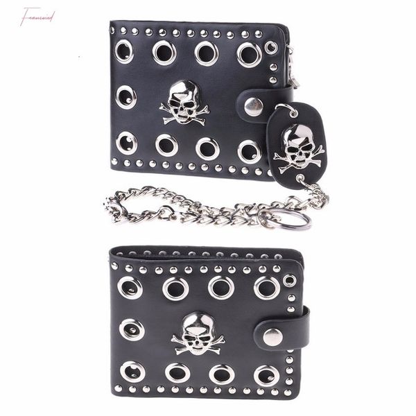 

vintage men short purse boys goth skull head cross black leather biker hasp wallet with long key 48cm, Red;black