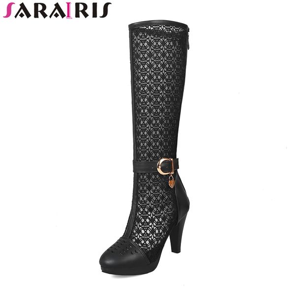 

sarairis 2018 big size 31-46 woman party summer boots thin high heels women's shoes woman knee-high boots, Black