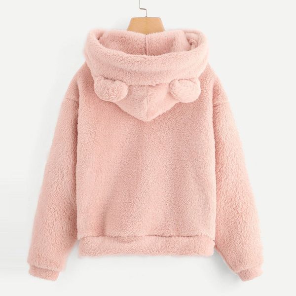 

fluffy hoodies women kawaii sweatshirt cute bear ear cap autumn winter warm pullover long sleeve outwear fleece coat moletom new, Black