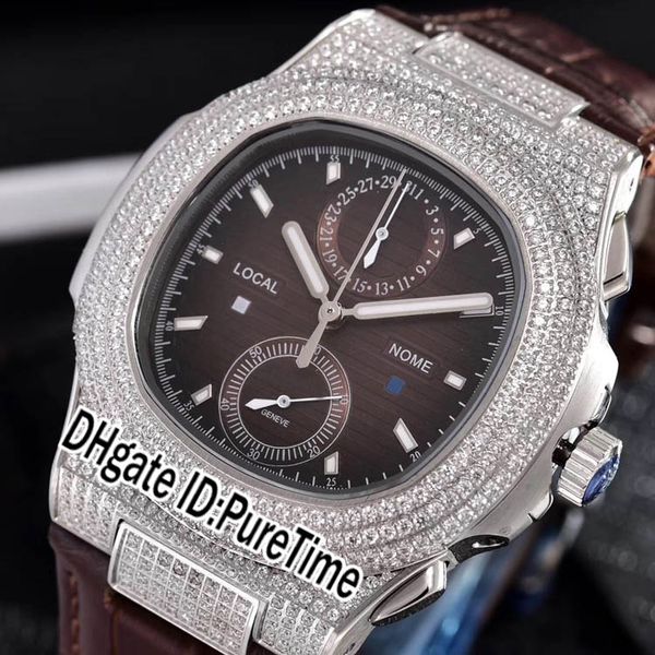 Novo Clássico 5990 Aço Diamante Caso Marrom Textura Dial Miyota Quartz Chronograph Mens Watch Relógios De Couro Marrom Cronômetro PB309a1