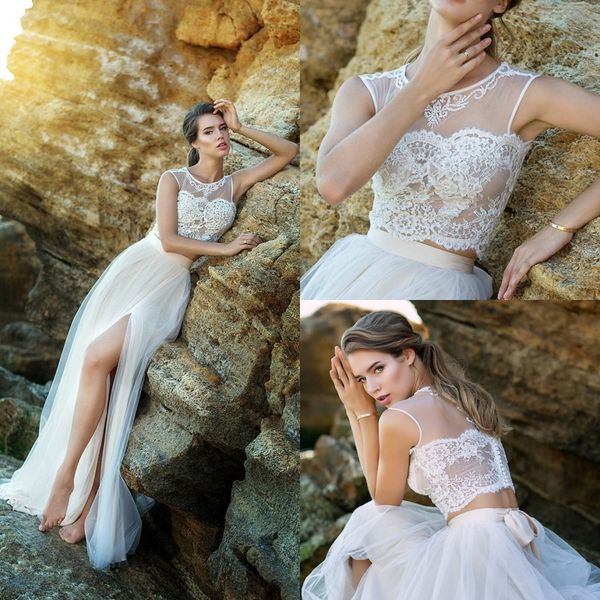 

2020 beach two pieces wedding dresses boho country style backless cutaway split side wedding gowns lace bohemain bridal dress, White