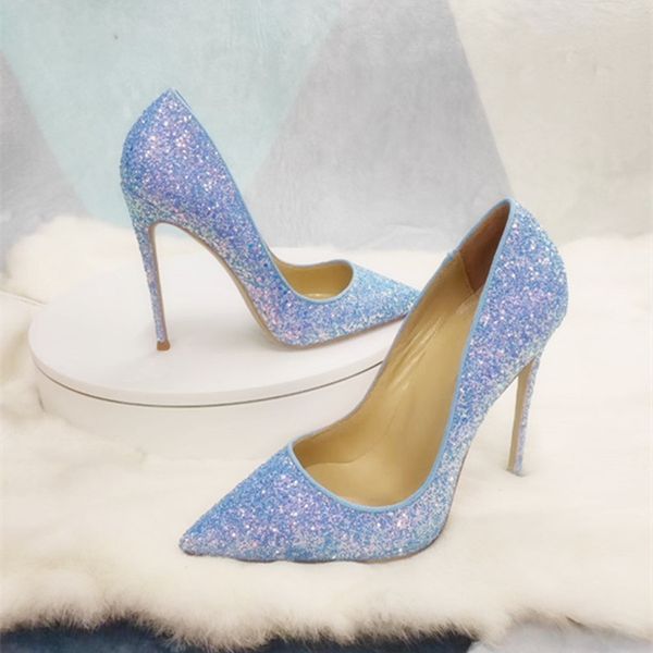 

2020 lady women bridal wedding party blue glitter leather heels shoes designer pumps poined toes stiletto heels shoes 12cm, Black