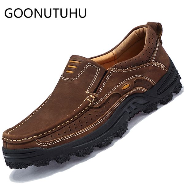 

2019 new fashion men's shoes casual genuine leather loafers male sneakers slip on shoe man brown or khaki shoes for men sale, Black