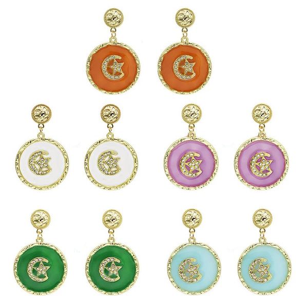 

rhinestone moon star earrings women round drop dangle earring gold plated enamel new style jewelry, Golden