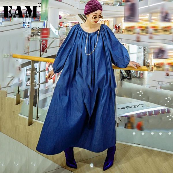 

eam] 2019 new spring summer round neck long sleeve blue denim loose long big size backless dress women fashion tide jt699, Black;gray