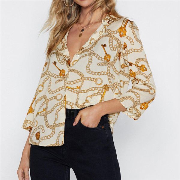 

fashion printed botton blouse women 2019 spring summer nine quarter sleeve asymmetrical shirt boho womens and blouses femme, White