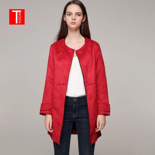 

2018 new arrial brand women autumn winter suede faux leather long jackets lady fashion matte casual red coat outerwear sale, Black