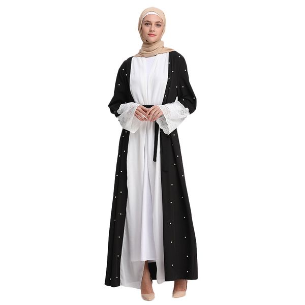 

arabic vestidos 2019 abaya dubai muslim muslim women classic black and white pearl embroidery lace side cardigan dress z415, Red