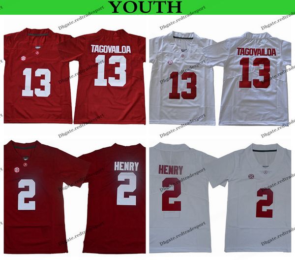 

2019 youth alabama crimson tide college football jerseys kids 13 tua tagovailoa 2 derrick henry red white stitched shirts, Black