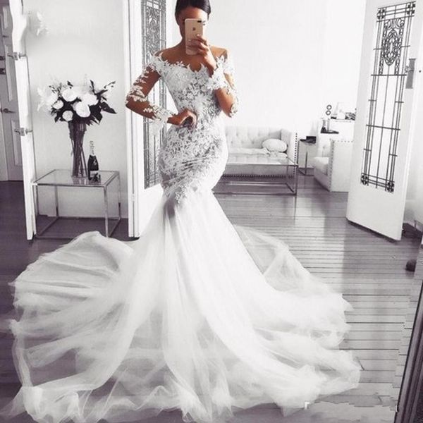 

2019 Sexy White Mermaid Wedding Dresses Off Shoulder Long Sleeve Lace Appliques Custom Made Vintage Bridal Gowns Sweep Train Wedding Dress