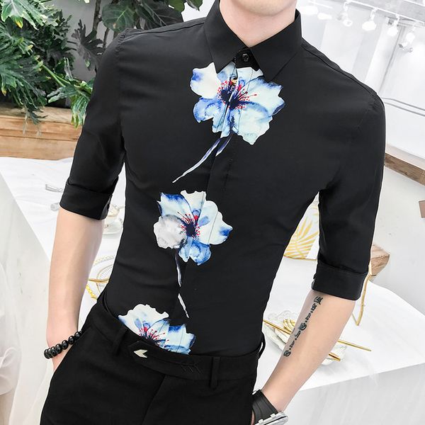 

цветочный печати fashion show урожай shirt мужчины камиза masculina slim fit club пром printed мужская рубашка сорочка homme, White;black