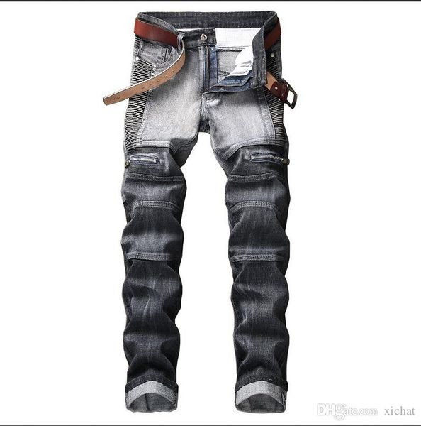 

2018 autumn men's hit color stitch luxury jeans men creases zip jeans slim fit straight denim fat man pants jeans big size 29-42 jb7, Blue