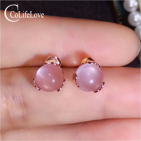

colife jewelry rose quartz stud earrings for office woman 8mm natural rose quartz silver earrings 925 silver jewelry, Golden;silver