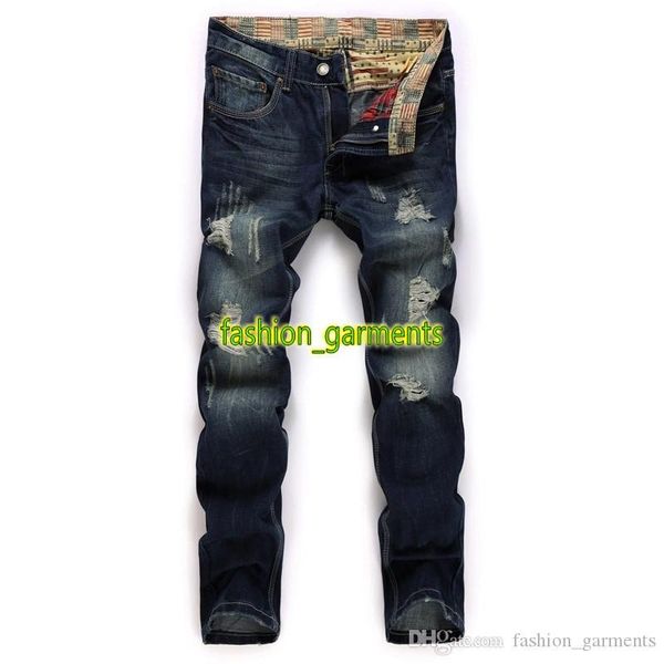 

new men's stylist trend personality trousers men's fashion hole jeans straight trousers nostalgic washed denim men's trousers, Blue