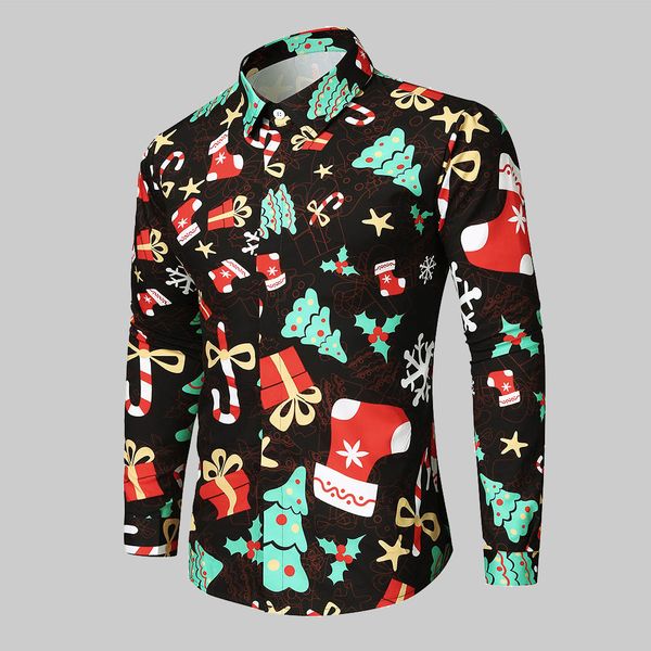 

winter men shirt casual snowflakes santa candy printed christmas shirt long sleeved comfortable soft slim fit clothes #30, White;black