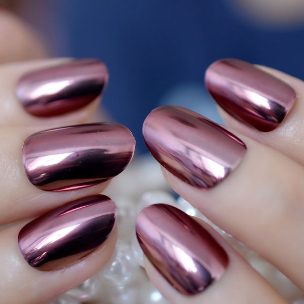

coffee brown punk style metallic false metal plating oval round fake nails acrylic reflective mirror press on wear nail art tips, Red;gold
