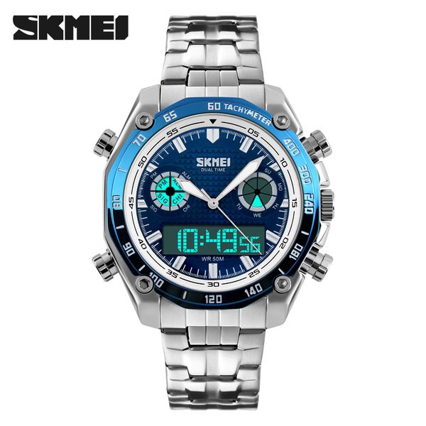 

skmei men wristwatch fashion sport digital quartz male watches stainless steel multiple time zone relogio masculino watch 1204, Slivery;brown