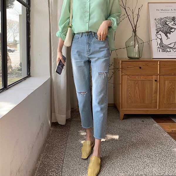 

2020 female jeans loose straight cropped cotton women jeans, Blue