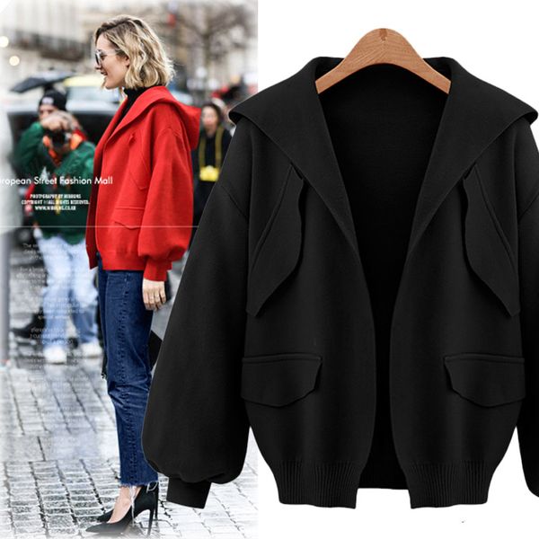 

plus size fashion loose cardigan women jacket 2019 streetwear slim lantern sleeve short jacket for autumn coat, Black;brown