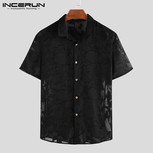 

incerun men shirt mesh printed lapel slim short sleeve stylish see through clubwear party dress shirt camisa plus size 2020, White;black