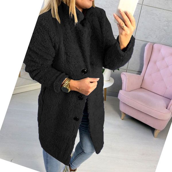 

winter womens thick warm faux fur teddy bear pocket fleece jacket long coat casual fur outwear overcoat fashion, Black