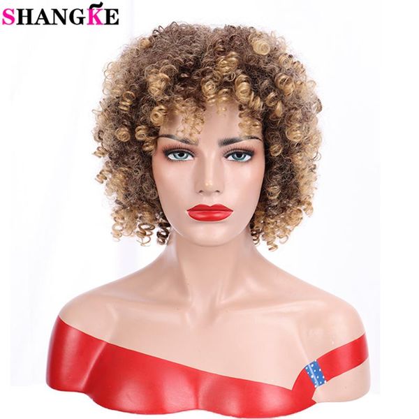 

shangke synthetic short afro kinky curly wig with bangs ombre brown black wigs for women heat resistant fake hair
