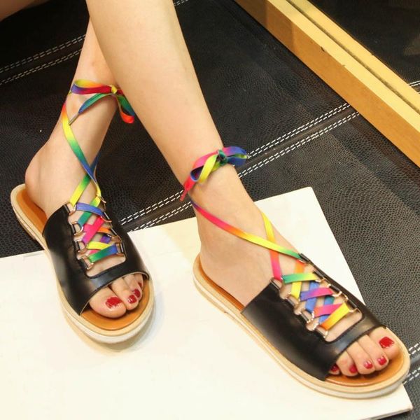 

fashion bohemian sandals summer beach slippers women ankle bandage flat with roman sandals shoes woman flat-bottomed shoes #j, Black