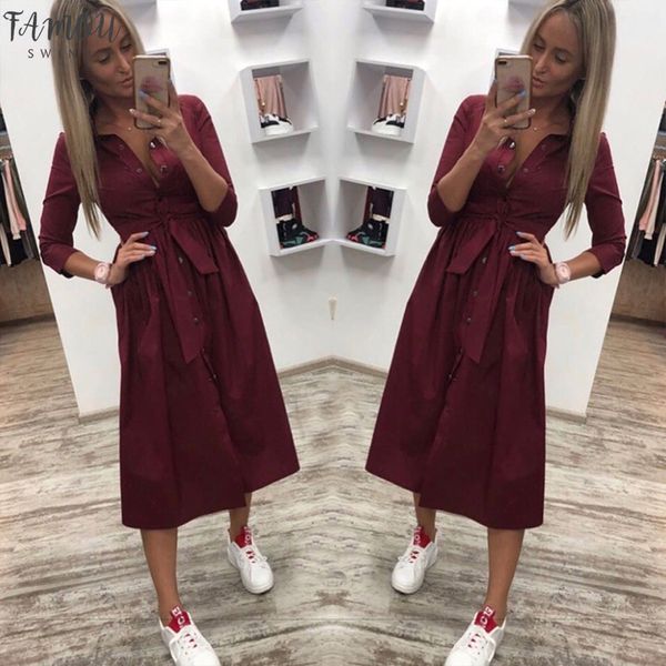 

2020 women casual sashes button a-line dress stand collar seven sleeve elegant party dresses office lady women knee length dress, Black;gray