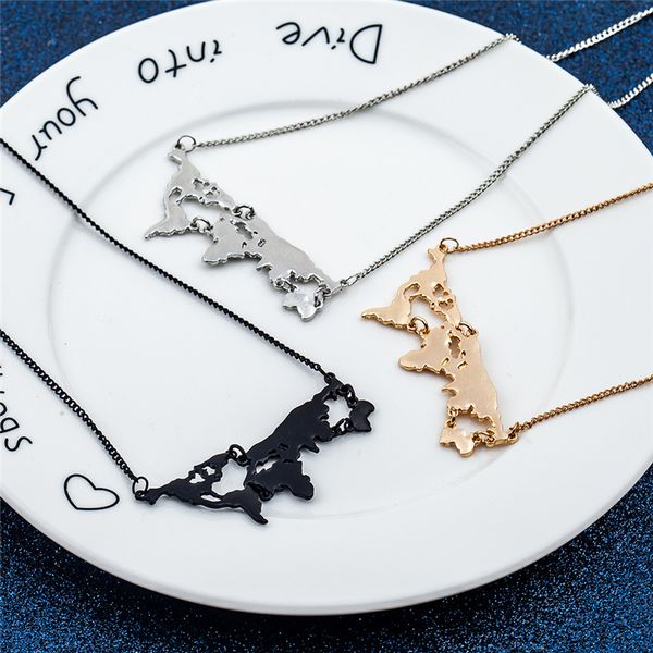 

rongqing 1pcs personality bijoux world map pendant necklace for women unique short necklace women, Silver